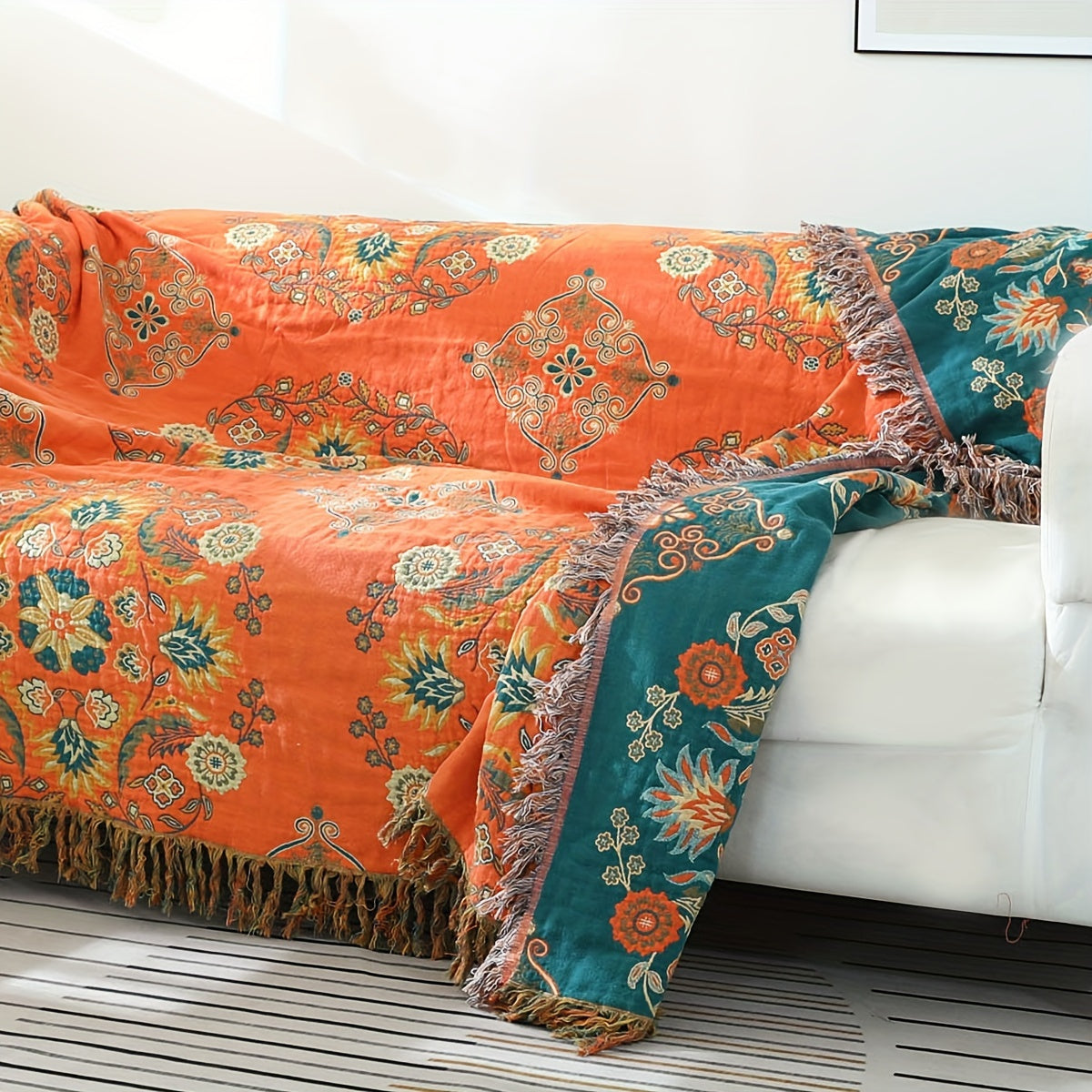 Taavita Vintage Flower Cotton Blanket with Tassels – Sofa Blanket & Nap for Stylish Living