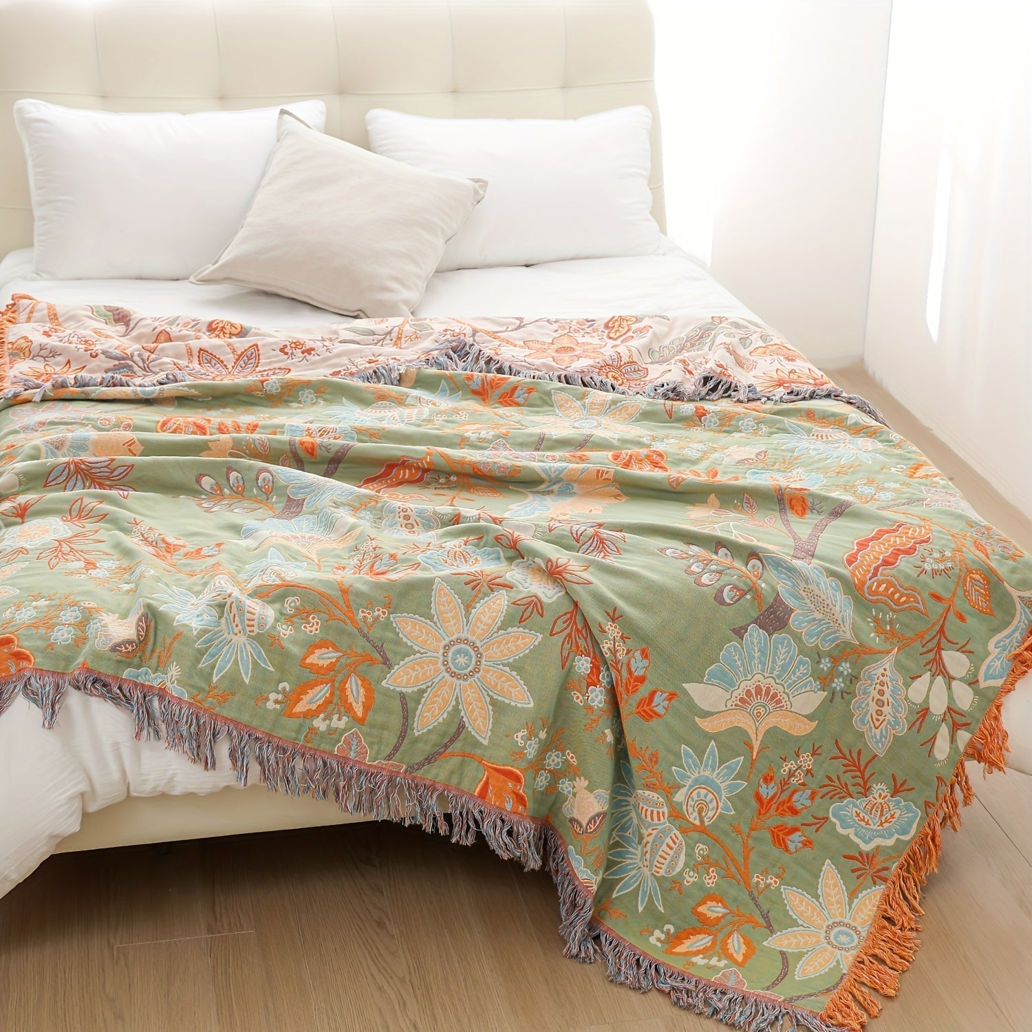 Taavita Cotton Blanket with Tassels – Stylish Floral Design for Sofa & Bed