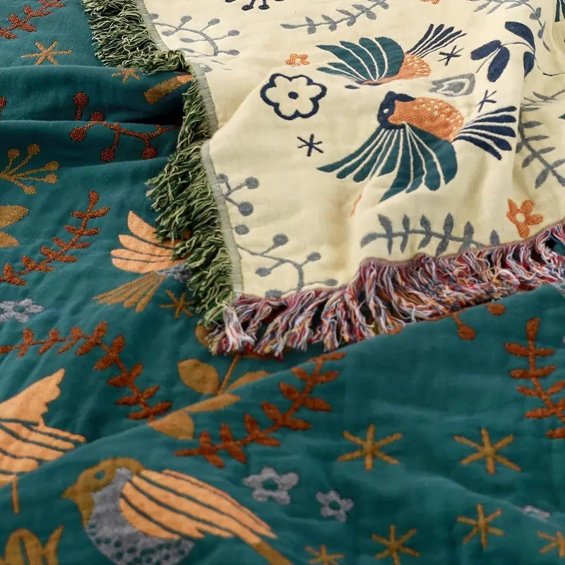 Reversible Scandinavian Bird Throw Blanket - Feathered Friends, Floral Whispers: A Nordic Comfort Companion