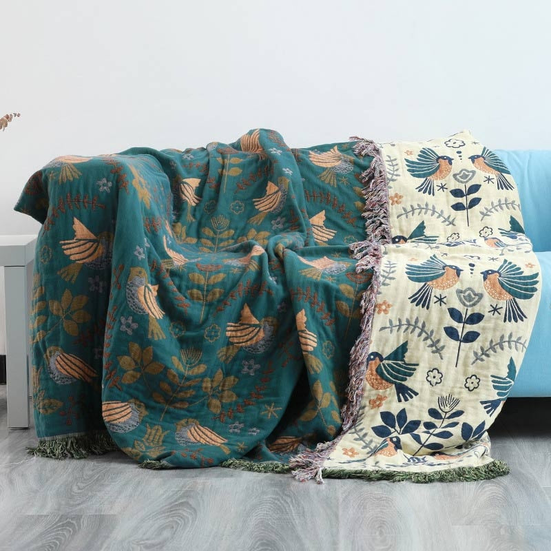 Reversible Scandinavian Bird Throw Blanket - Feathered Friends, Floral Whispers: A Nordic Comfort Companion