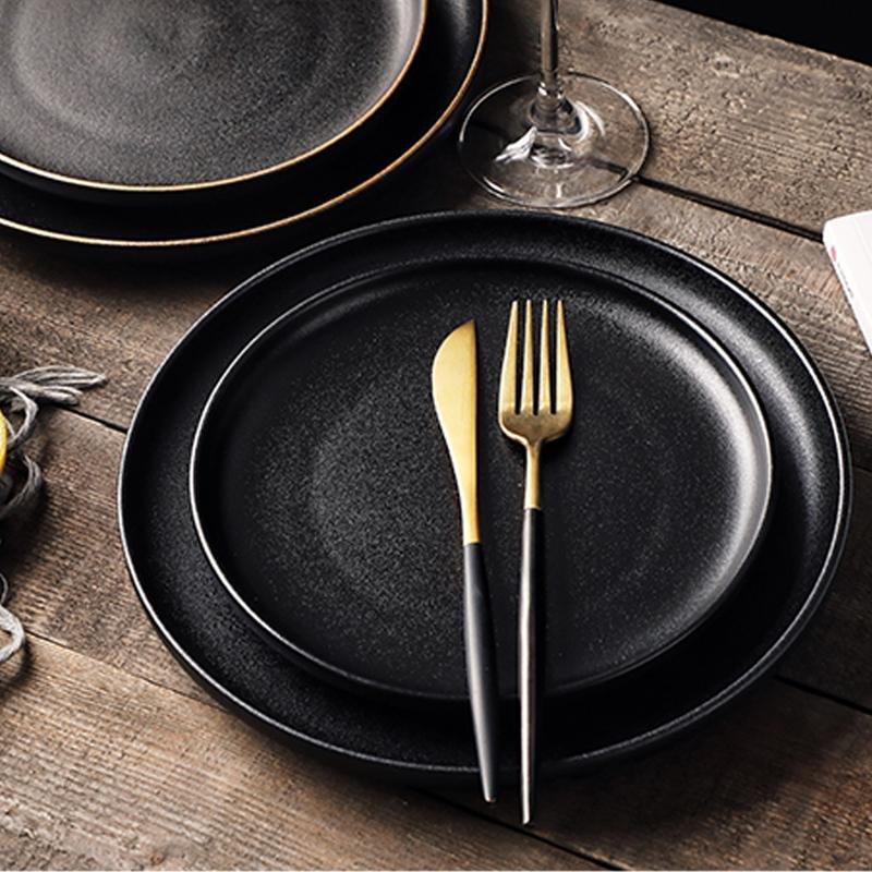 Taavita Black Ceramic Plates with Gold Edges