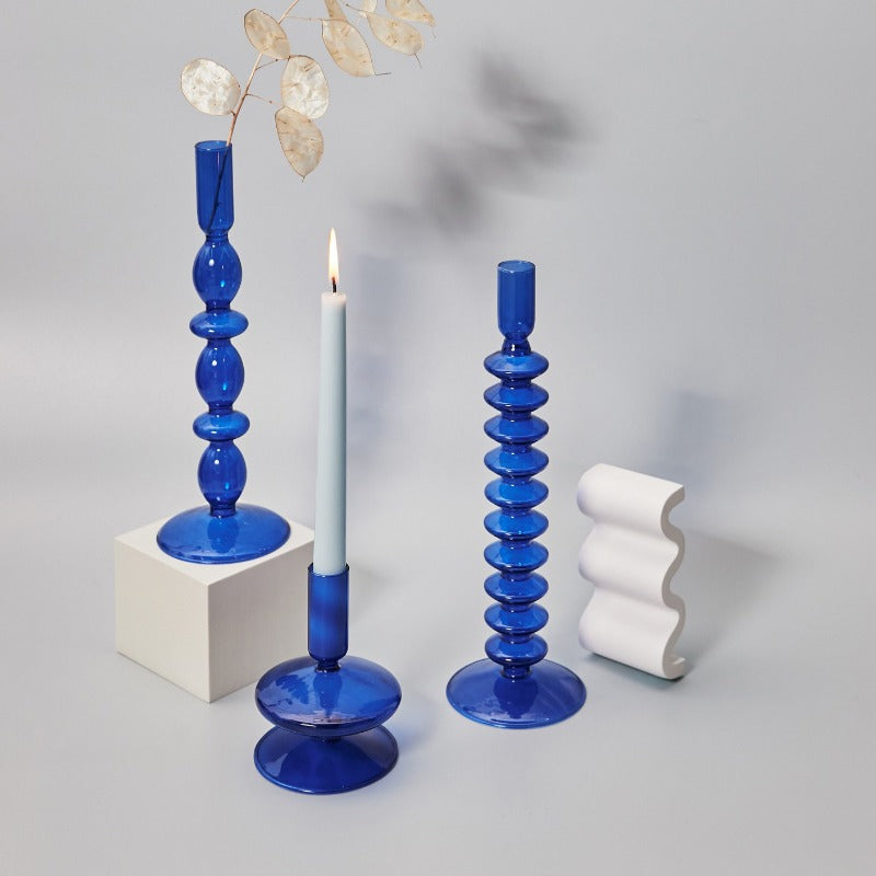 Taavita Glass Taper Candle Holder & Vase Collection - Handmade Royal Blue Borosilicate Glass Decor