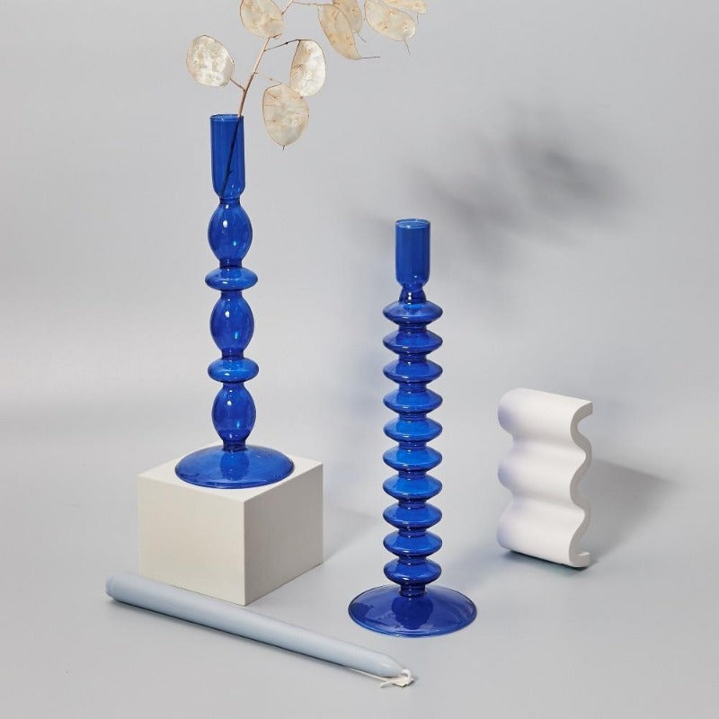 Taavita Glass Taper Candle Holder & Vase Collection - Handmade Royal Blue Borosilicate Glass Decor