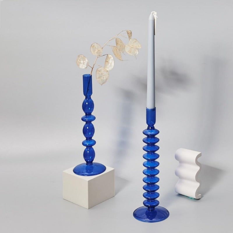 Taavita Glass Taper Candle Holder & Vase Collection - Handmade Royal Blue Borosilicate Glass Decor