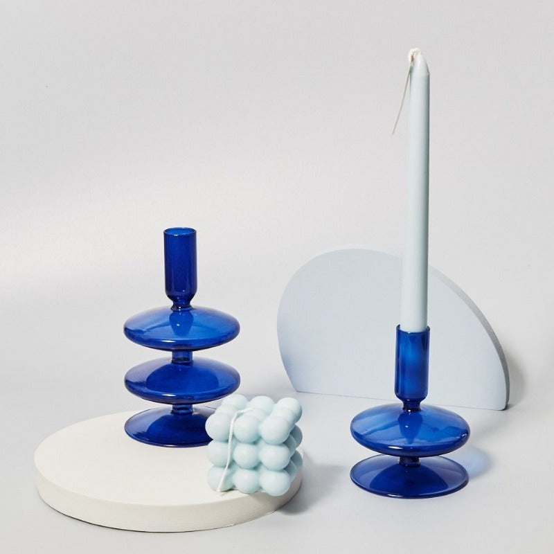 Taavita Glass Taper Candle Holder & Vase Collection - Handmade Royal Blue Borosilicate Glass Decor