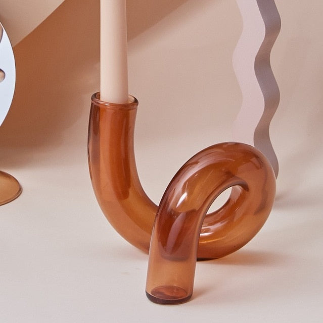 Autumn Glass Taper Candle Holder & Vase Collection - Handmade Amber Brown Borosilicate Glass Decor