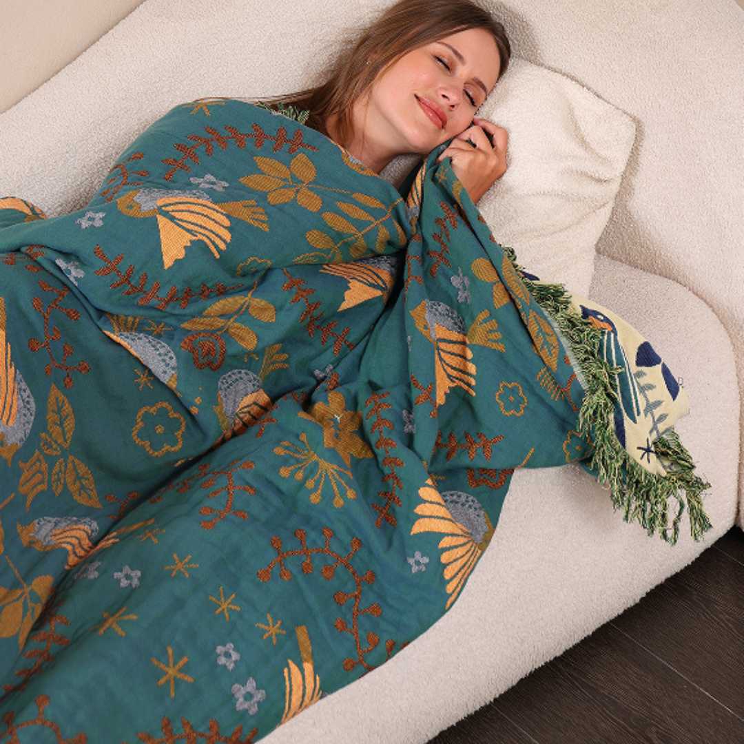 Reversible Scandinavian Bird Throw Blanket - Feathered Friends, Floral Whispers: A Nordic Comfort Companion