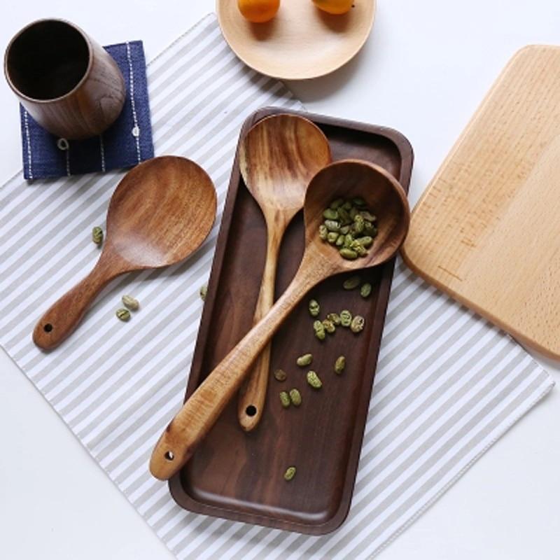 Taavita Teak Kitchen Utensils Collection - Full 7-Piece Set of Wooden Handle Cooking Utensils