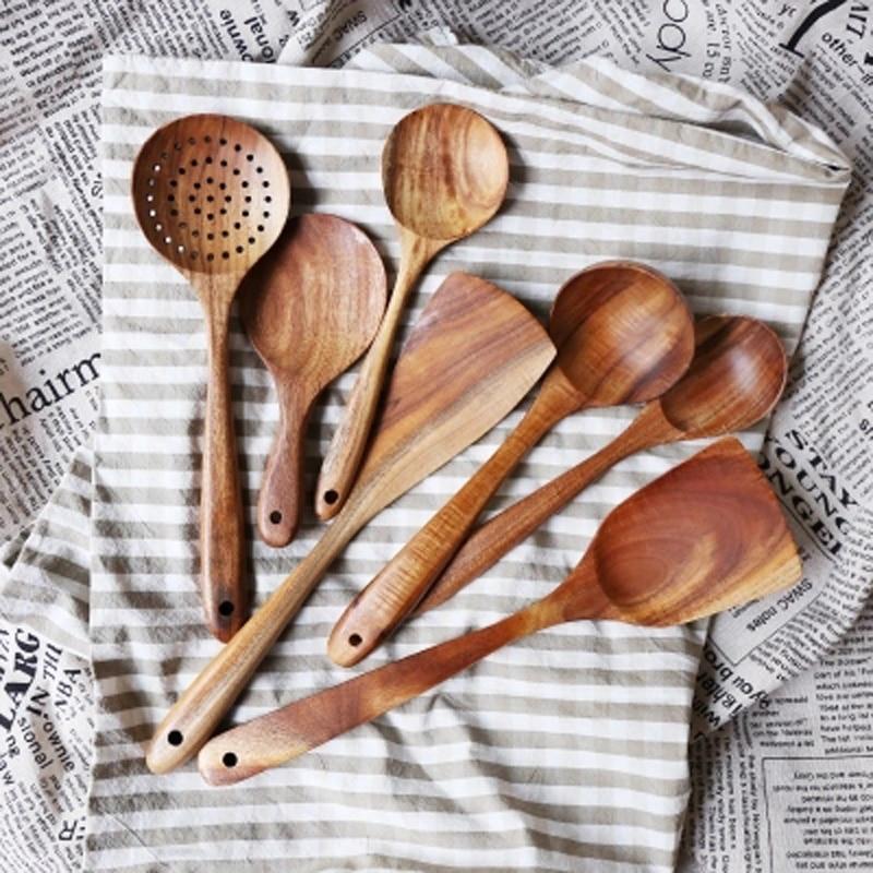 Taavita Teak Kitchen Utensils Collection - Full 7-Piece Set of Wooden Handle Cooking Utensils