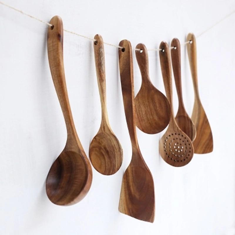 Taavita Teak Kitchen Utensils Collection - Full 7-Piece Set of Wooden Handle Cooking Utensils