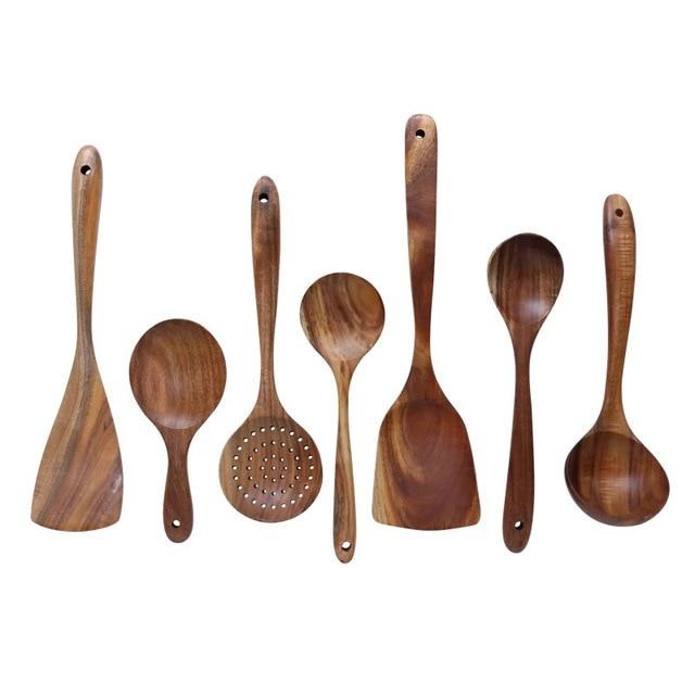 Taavita Teak Kitchen Utensils Collection - Full 7-Piece Set of Wooden Handle Cooking Utensils