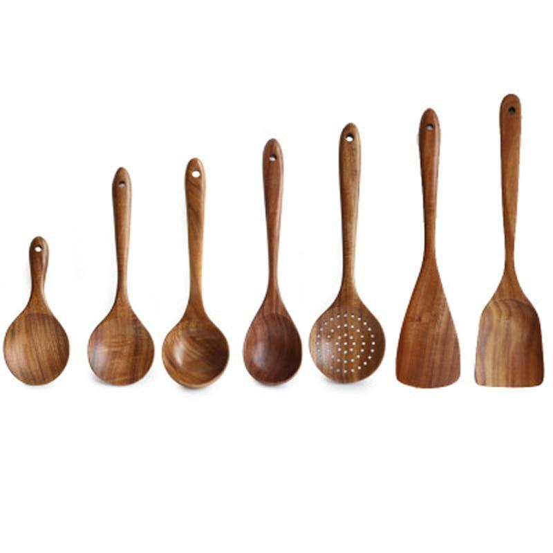 Taavita Teak Kitchen Utensils Collection - Full 7-Piece Set of Wooden Handle Cooking Utensils