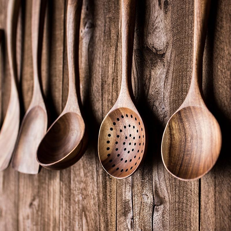 Taavita Teak Kitchen Utensils Collection - Full 7-Piece Set of Wooden Handle Cooking Utensils